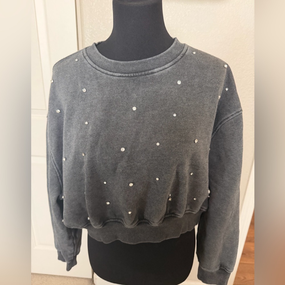Embellished Dark Gray Cropped Crewneck Sweatshirt